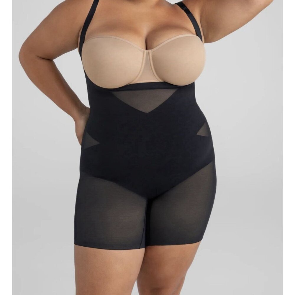 Honeylove Women's 1X Black Bodysuit Open Bust Mid-Thigh Bodysuit Shapewear